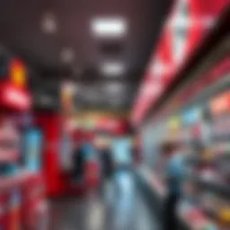 A vibrant lottery retail shop bustling with activity