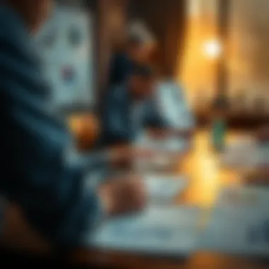 A strategic planning session with notes and charts on a table